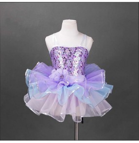 Children's Purple sequin jazz dance dresses Toddlers Ballerina ballet dance tutu skirts Party festival photos outfits for kids